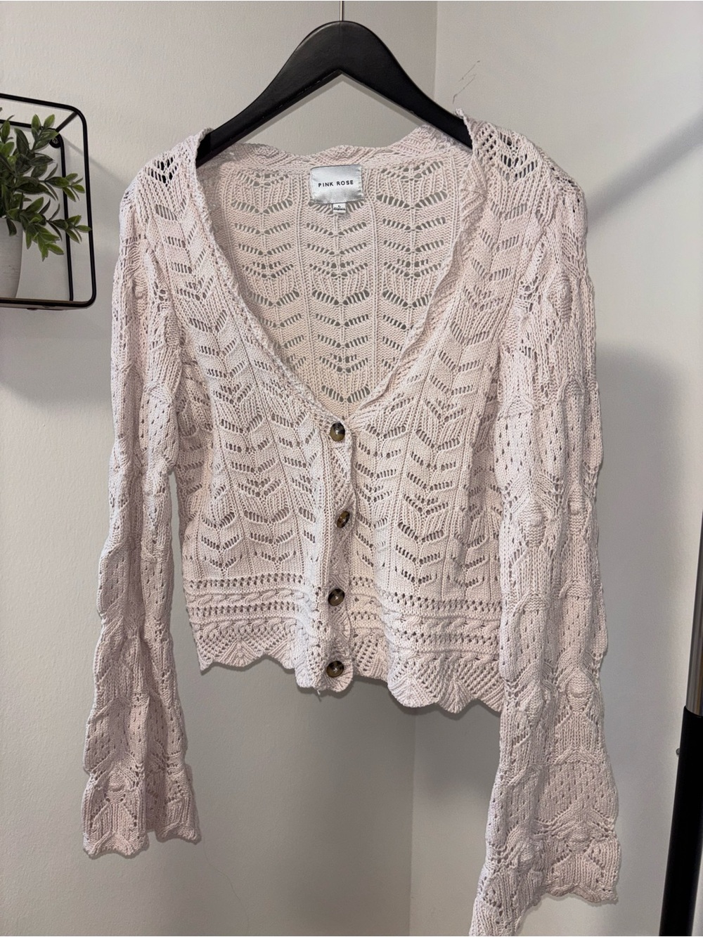 Pink Rose Light Pink Crochet Knit Button-Up Cardigan